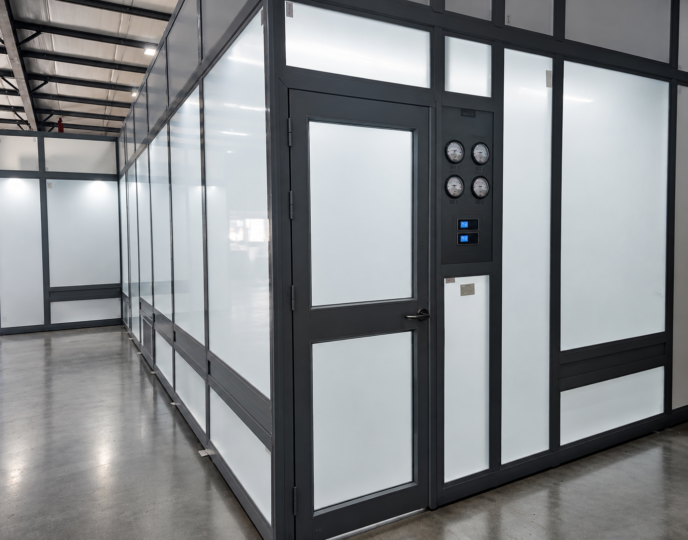 Partner cleanroom exterior with glazed panels and pressure gauges.