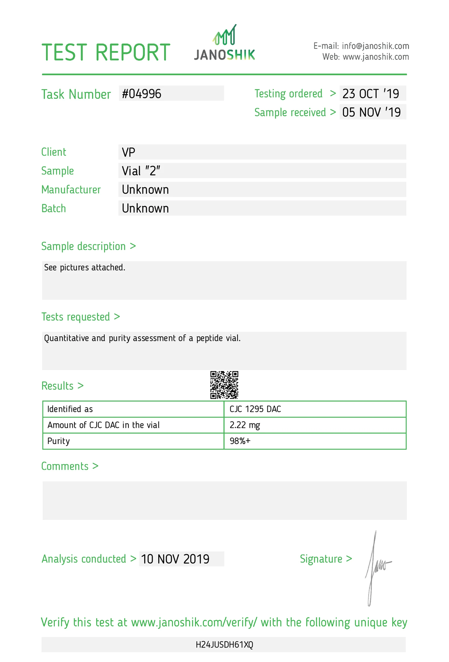 Janoshik test report 04996 from November 2019, the first Verified Peptides report.